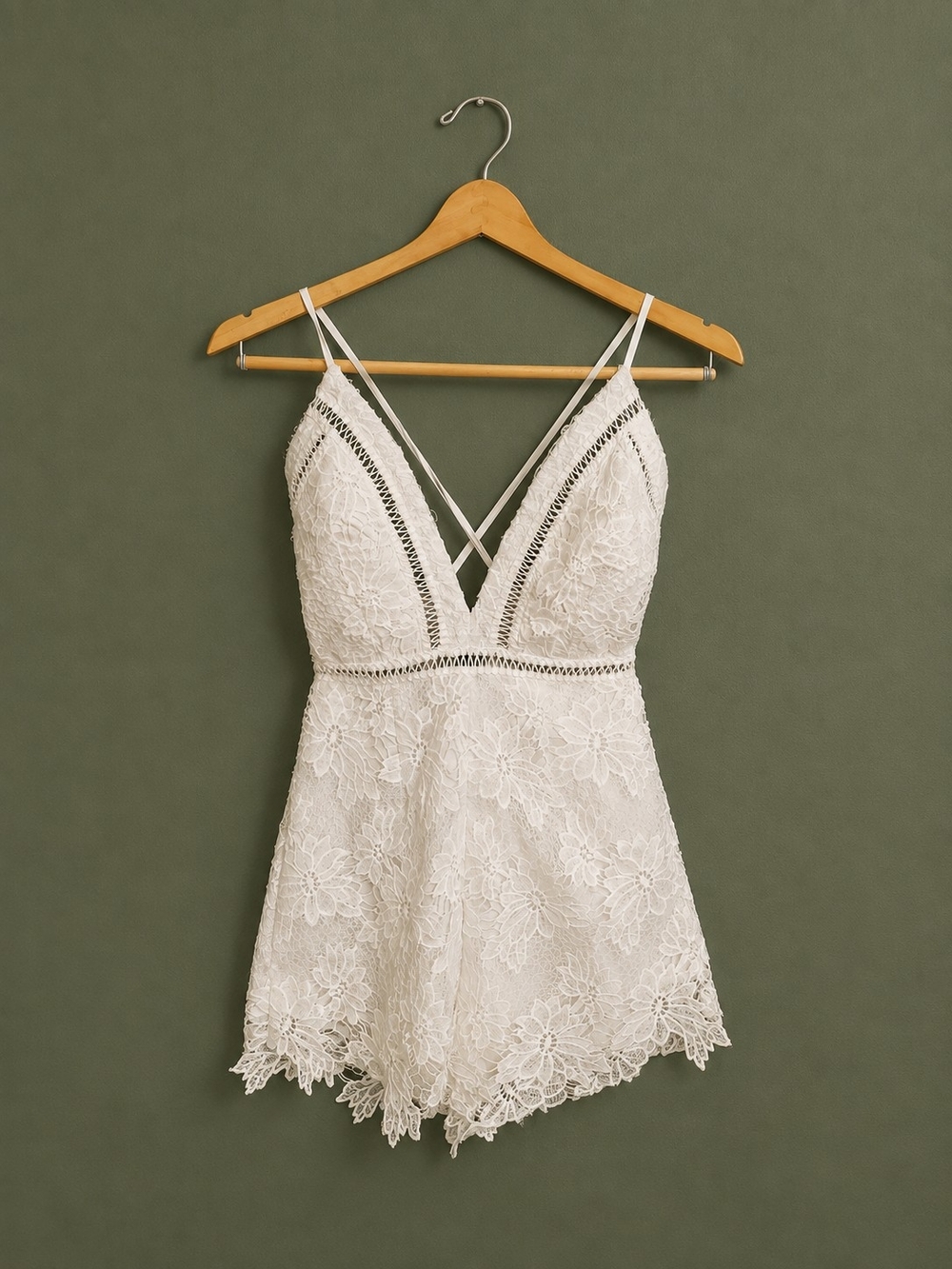 by the way. White Lace Romper with V-Neck and Crisscross Straps